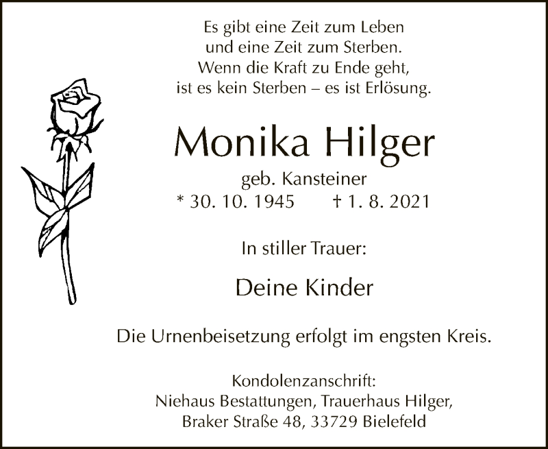  Traueranzeige für Monika Hilger vom 05.08.2021 aus Neue Westfälische