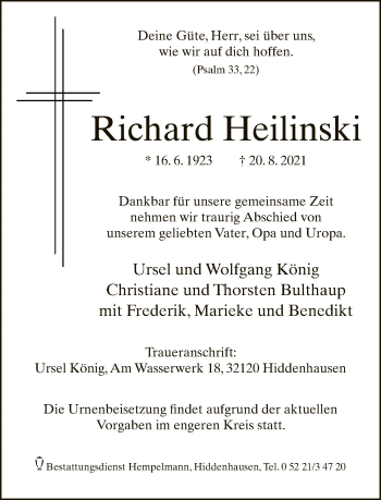 Traueranzeige von Richard Heilinski von Neue Westfälische