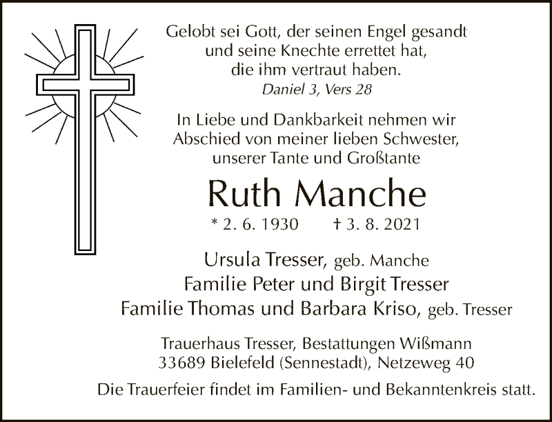  Traueranzeige für Ruth Manche vom 07.08.2021 aus Neue Westfälische