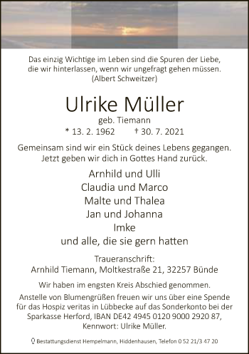 Traueranzeige von Ulrike Müller von Neue Westfälische