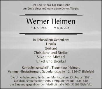 Traueranzeige von Werner Heimen von Neue Westfälische