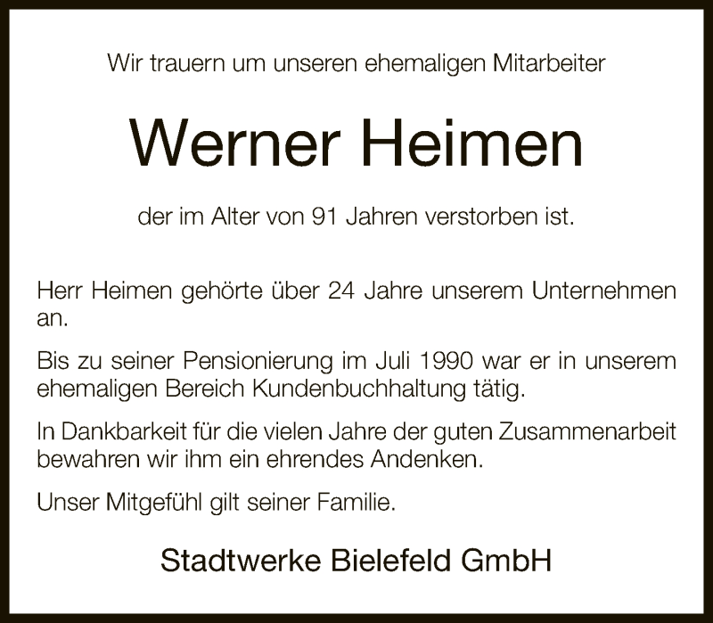  Traueranzeige für Werner Heimen vom 16.08.2021 aus Neue Westfälische