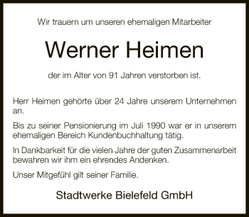 Traueranzeige von Werner Heimen von Neue Westfälische