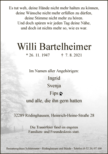 Traueranzeige von Willi Bartelheimer von Neue Westfälische