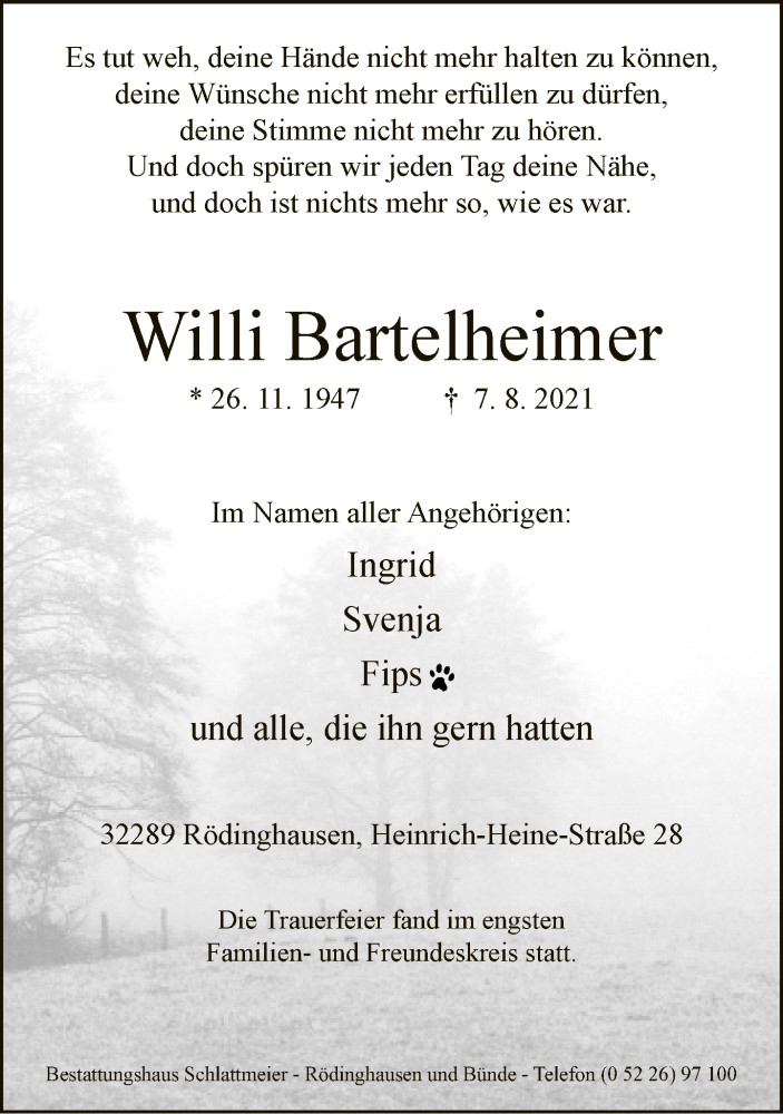  Traueranzeige für Willi Bartelheimer vom 14.08.2021 aus Neue Westfälische