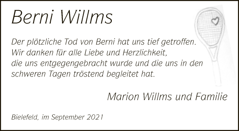  Traueranzeige für Berni Willms vom 11.09.2021 aus Neue Westfälische