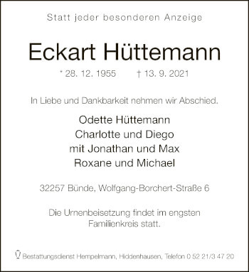 Traueranzeige von Eckart Hüttemann von Neue Westfälische