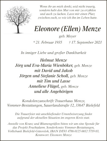 Traueranzeige von Eleonore Menze von Neue Westfälische