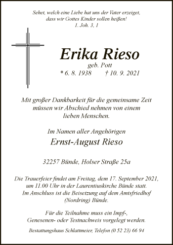 Traueranzeige von Erika Rieso von Neue Westfälische