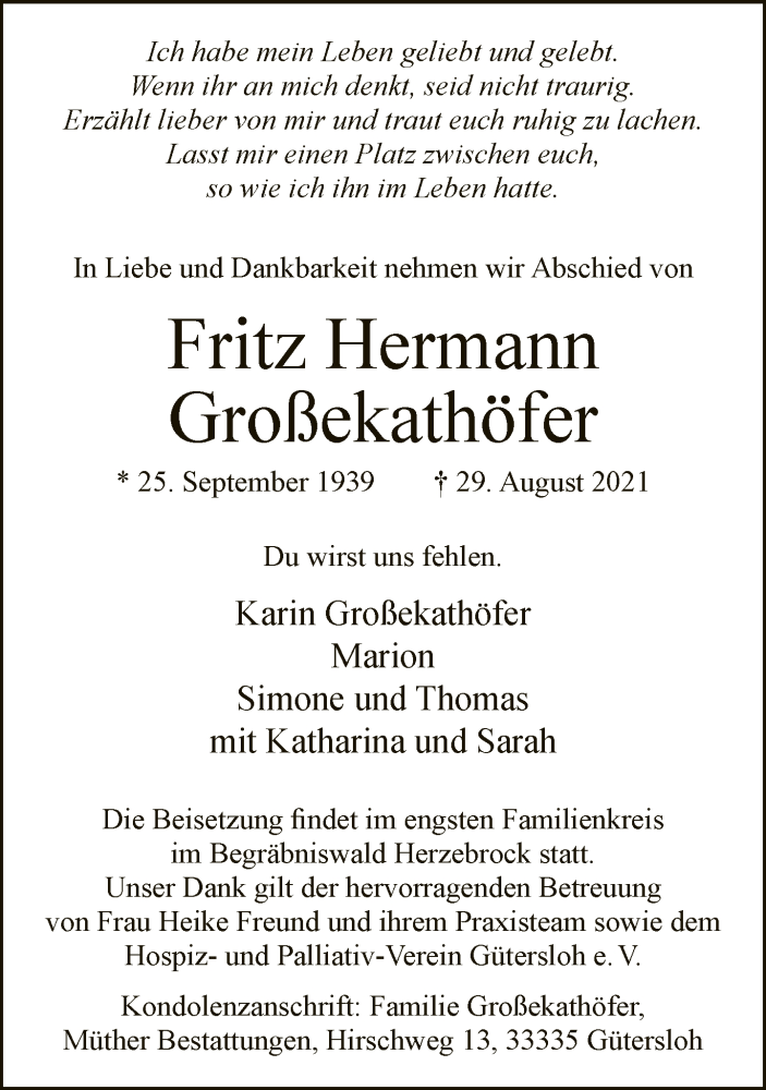  Traueranzeige für Fritz Großekathöfer vom 04.09.2021 aus Neue Westfälische