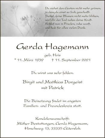 Traueranzeige von Gerda Hagemann von Neue Westfälische