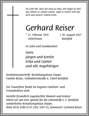 Traueranzeige von Gerhard Reiser von Neue Westfälische