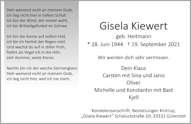  Traueranzeige für Gisela Kiewert vom 21.09.2021 aus Neue Westfälische