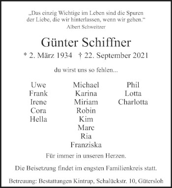 Traueranzeige von Günter Schiffner von Neue Westfälische
