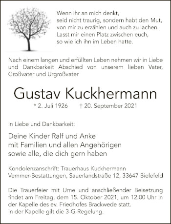 Traueranzeige von Gustav Kuckhermann von Neue Westfälische