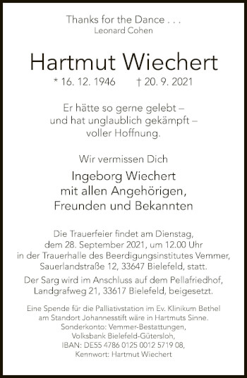 Traueranzeige von Hartmut Wiechert von Neue Westfälische