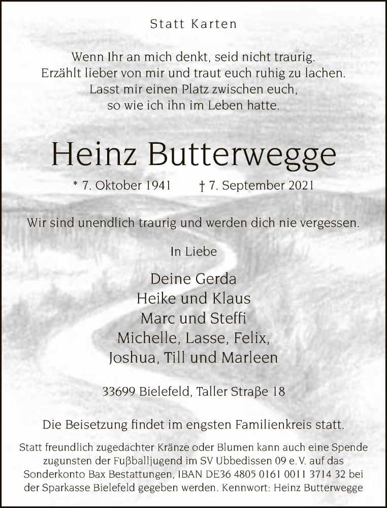  Traueranzeige für Heinz Butterwegge vom 11.09.2021 aus Neue Westfälische