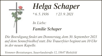 Traueranzeige von Helga Schaper von Neue Westfälische