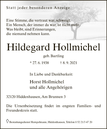 Traueranzeige von Hildegard Hollmichel von Neue Westfälische
