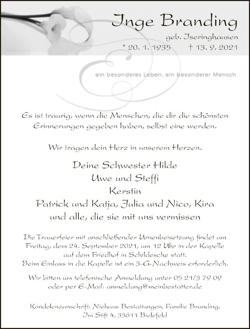  Traueranzeige für Inge Branding vom 18.09.2021 aus Neue Westfälische