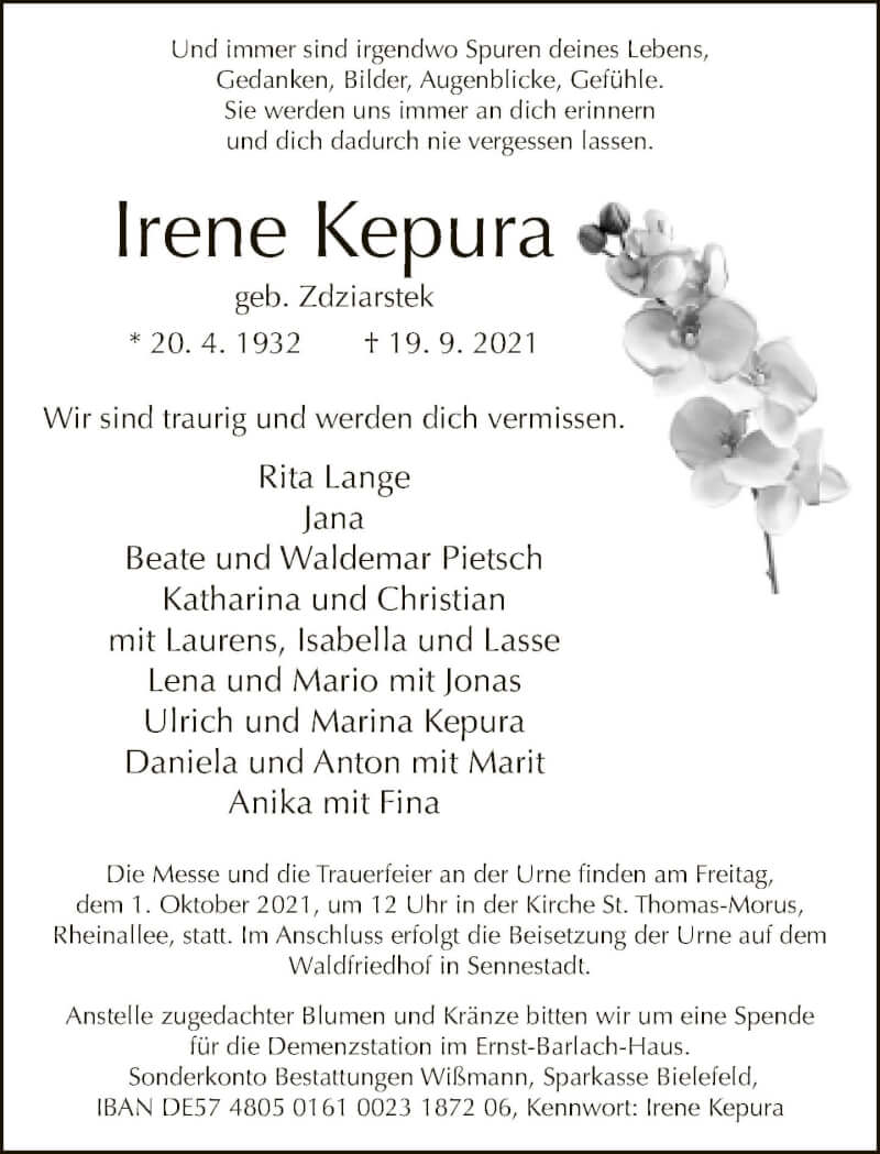  Traueranzeige für Irene Kepura vom 25.09.2021 aus Neue Westfälische