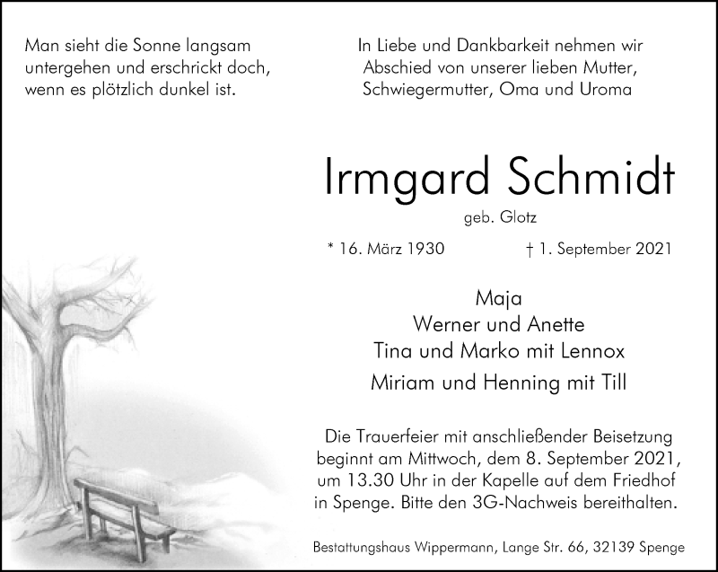  Traueranzeige für Irmgard Schmidt vom 04.09.2021 aus Neue Westfälische