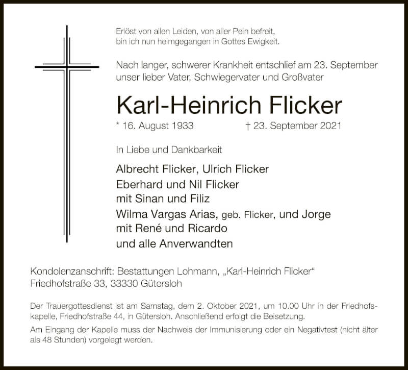  Traueranzeige für Karl-Heinrich Flicker vom 28.09.2021 aus Neue Westfälische