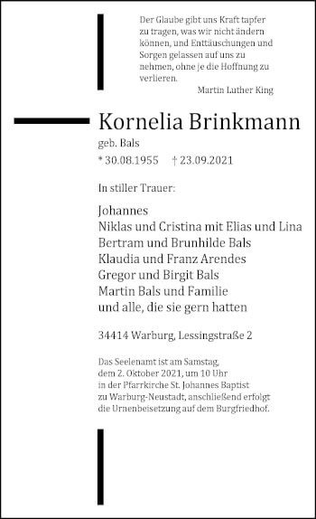 Traueranzeige von Kornelia Brinkmann von Neue Westfälische