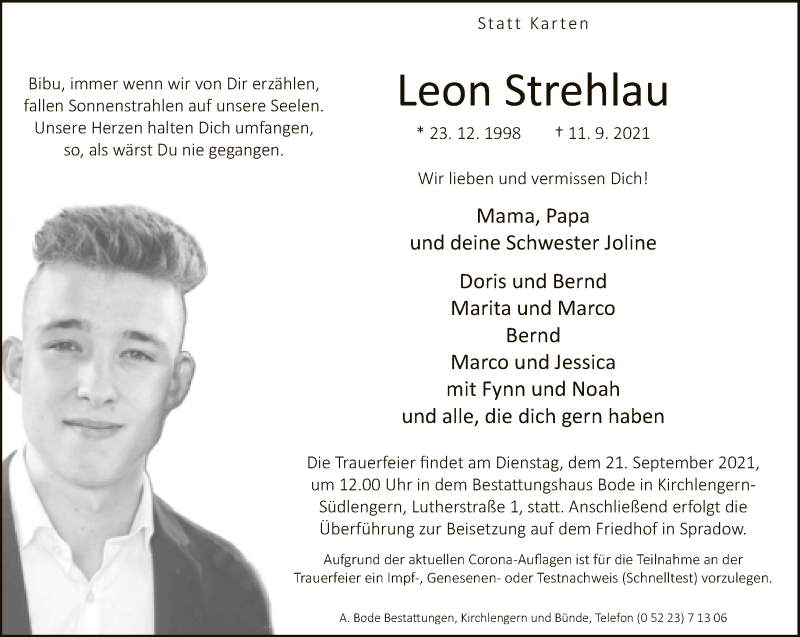  Traueranzeige für Leon Strehlau vom 15.09.2021 aus Neue Westfälische
