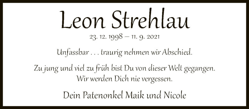  Traueranzeige für Leon Strehlau vom 17.09.2021 aus Neue Westfälische