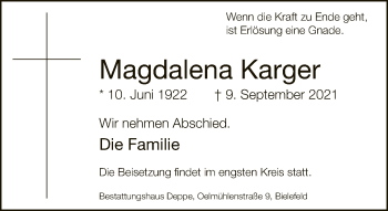 Traueranzeige von Magdalena Karger von Neue Westfälische