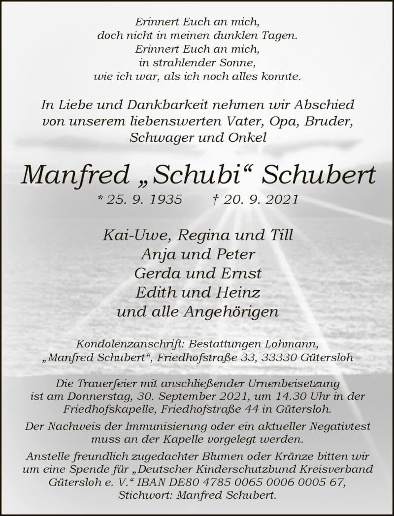  Traueranzeige für Manfred Schubert vom 25.09.2021 aus Neue Westfälische