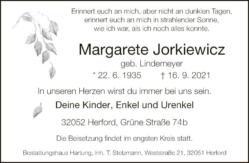  Traueranzeige für Margarete Jorkiewicz vom 18.09.2021 aus Neue Westfälische
