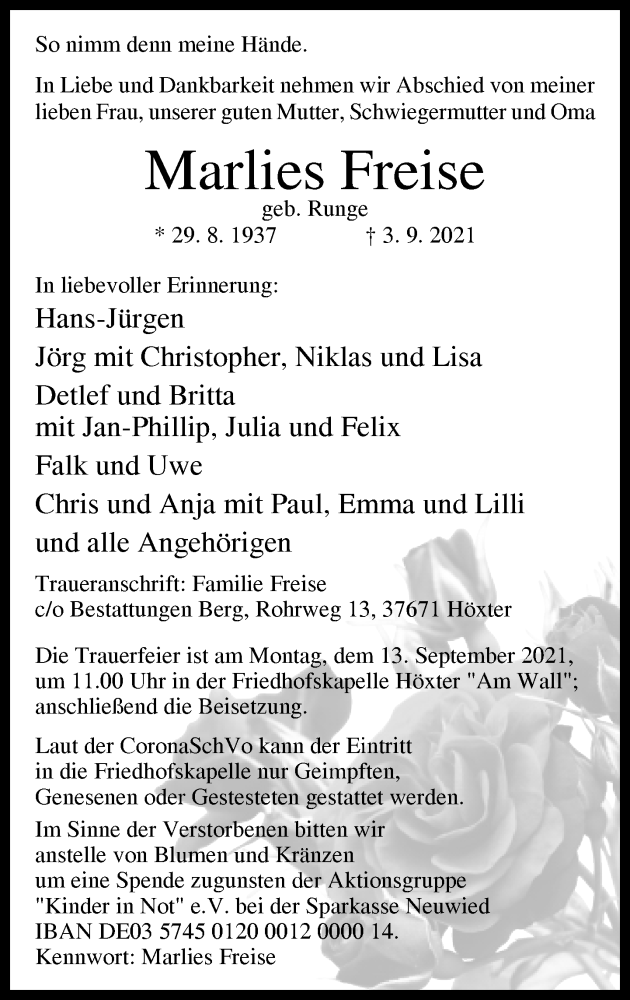  Traueranzeige für Marlies Freise vom 08.09.2021 aus Neue Westfälische