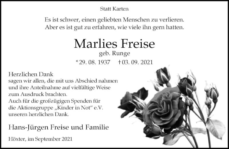  Traueranzeige für Marlies Freise vom 25.09.2021 aus Neue Westfälische