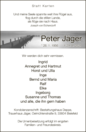 Traueranzeige von Peter Jäger von Neue Westfälische