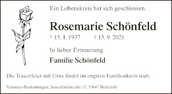 Traueranzeige von Rosemarie Schönfeld von Neue Westfälische