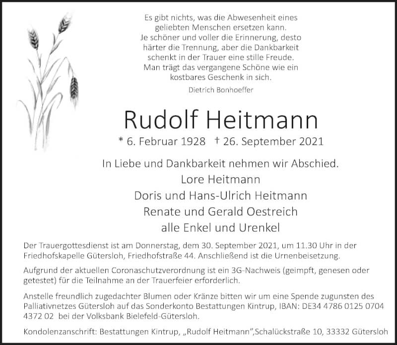  Traueranzeige für Rudolf Heitmann vom 28.09.2021 aus Neue Westfälische