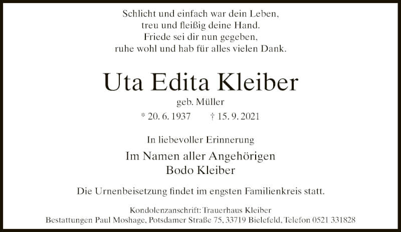  Traueranzeige für Uta Edita Kleiber vom 18.09.2021 aus Neue Westfälische