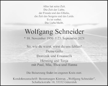 Traueranzeige von Wolfgang Schneider von Neue Westfälische