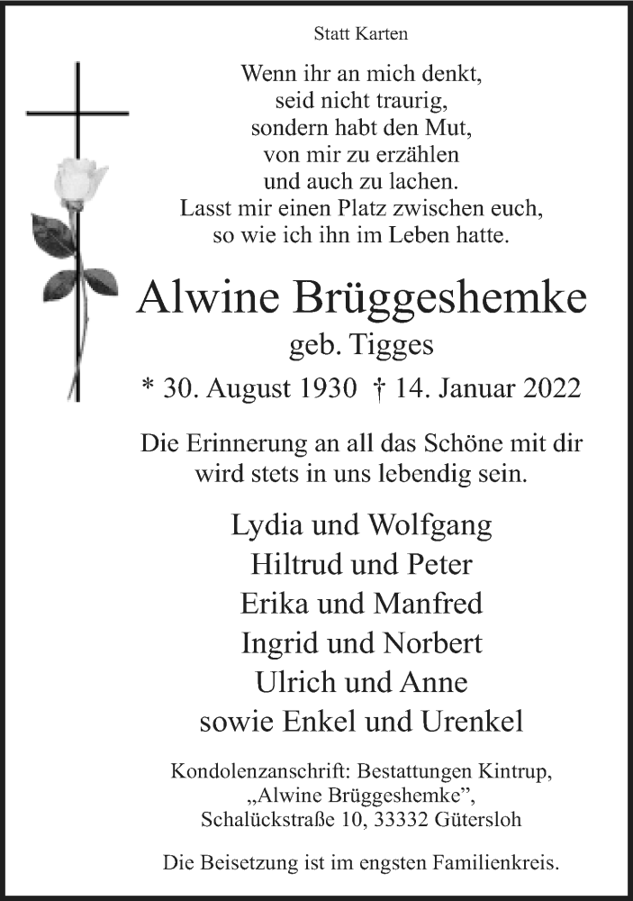  Traueranzeige für Alwine Brüggeshemke vom 18.01.2022 aus Neue Westfälische