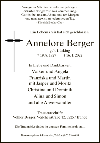 Traueranzeige von Annelore Berger von Neue Westfälische