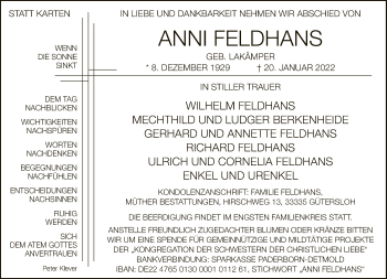 Traueranzeige von Anni Feldhans von Neue Westfälische