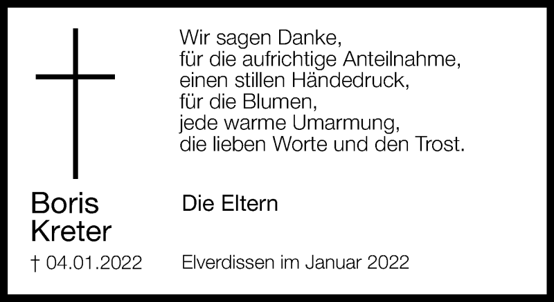  Traueranzeige für Boris Kreter vom 15.01.2022 aus Neue Westfälische