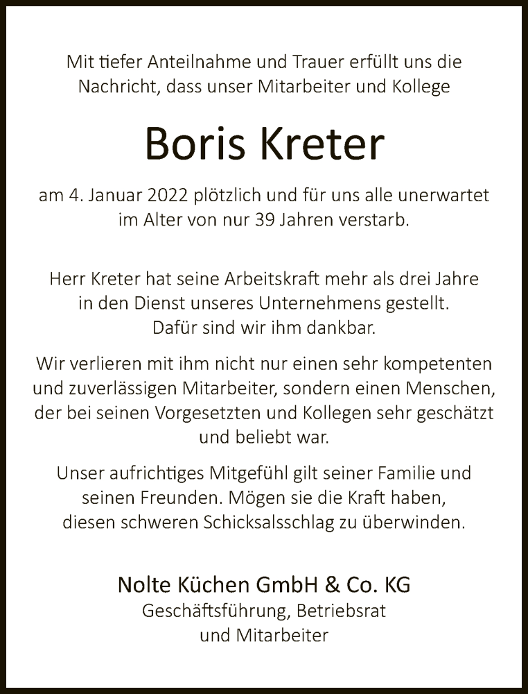  Traueranzeige für Boris Kreter vom 14.01.2022 aus Neue Westfälische