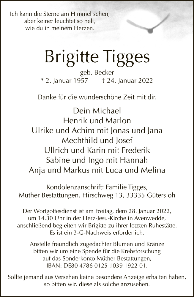  Traueranzeige für Brigitte Tigges vom 26.01.2022 aus Neue Westfälische