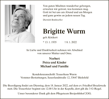Traueranzeige von Brigitte Wurm von Neue Westfälische