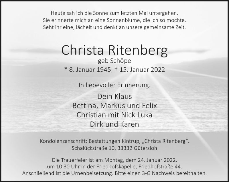  Traueranzeige für Christa Ritenberg vom 18.01.2022 aus Neue Westfälische