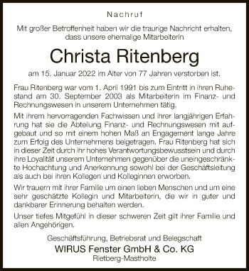 Traueranzeige von Christa Ritenberg von Neue Westfälische