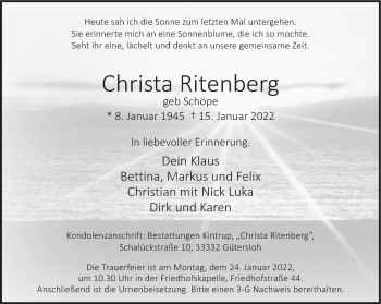 Traueranzeige von Christa Ritenberg von Neue Westfälische